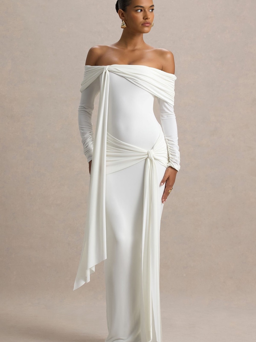 Off-Shoulder White Draped Knot Maxi Dress | Club L London - JOVIE - Picture 3 of 6